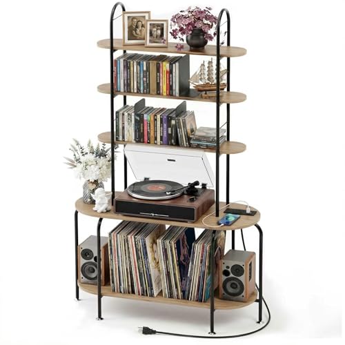 Image of Faesun Record Player Stand with Storage, 5-Tier Turntable Stand with Charging Station, CD Storage with Adjustable Book Stoppers, for CDs, Vinyl Records, Books, Games, for Living Room, Bedroom, Oak