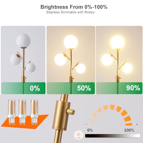 Image of Fiqevs Mid Century Modern 3 Globe Tree Floor Lamp - Dimmable LED Standing Lamp with Bulbs, Warm Light for Living Room Bedroom Office - Antique Brass /Gold