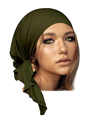 Olive Green Pre-tied Soft Cotton Headcovering Headscarf Hat Cancer Chemo Tichel Friendly in 30 Different Colors! (Olive green short - 363)