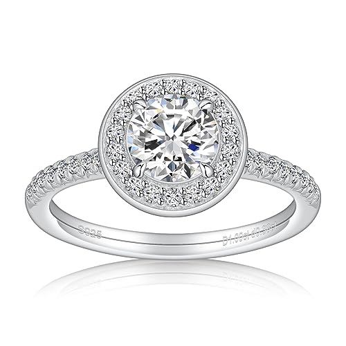 Hitlinker Moissanite Bezel Set Engagement Ring for Women Halo Half Eternity Round Cut Promise Rings 925 Sterling Silver 18K White Gold Plated Lab Created Diamond Anniversary Wedding Band Ring Size 7 - image 1