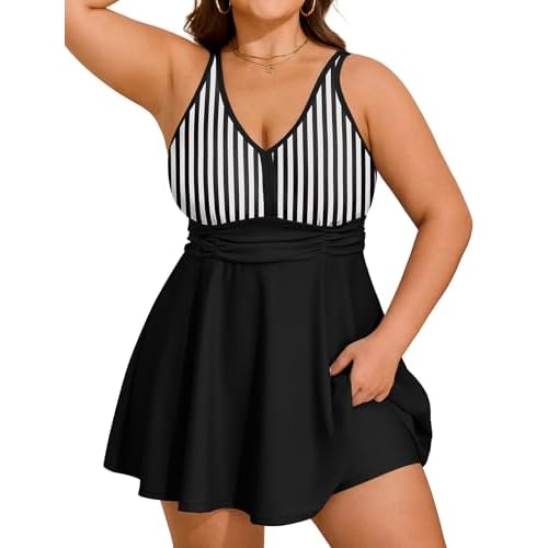 Arolina Women's Plus Size Tankini Swimsuits Two Piece Tummy Control Swim Dress Hide Belly Bathing Suits with Boyshorts Black White Stripes 18 Plus