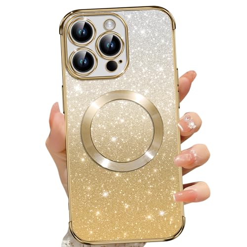 Cover Magnetica per iPhone 14 Pro Glitter Custodia Compatibile con MagSafe Anti Graffi Non Ingiallente Protezione Completa Case 14 Pro con 2 Vetro Temperato oro