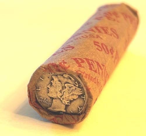 Unsearched Old Wheat Penny Coin Roll with a Mercury Dime at The End. Coin Collecting and Hunting.