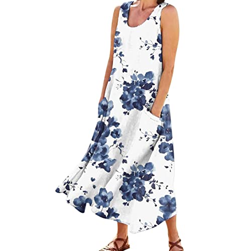AMDOLE Mittellange Sommerkleider Damen Sommer Casual Ärmellos Halfter Lang Maxi Strandkleid Minikleid Casual, blau, M
