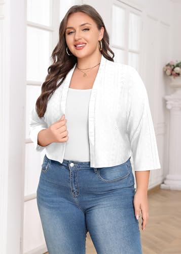 Lastshe Women's Plus Size Shrug Open Front 3/4 Sleeves Cropped Bolero Openwork Fabric Cardigan2