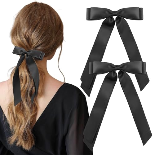 Yetuab Satin Bow Double Ribbon Hair Clips, 2 Count, Hair Accessories for Girls and Women, Decorative Hair Clips, Wedding Hair Clip, Black Hair Ribbon