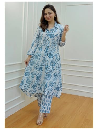 Image of DHRUVI TRENDZ Anarkali Kurta-Set for Women - Viscose Rayon Printed Kurta & Straight Pant | Festive Ethnic Indian Traditional Outfit for Functions & Puja | Lightweight Two Piece Dress for Daily Wear & Holiday Look | 3 /4 Sleeve