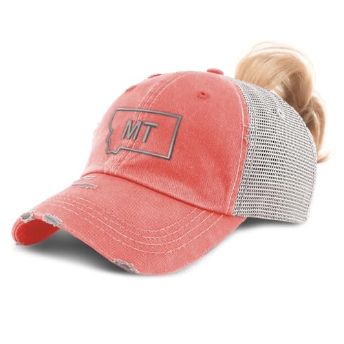 Speedy Pros Womens Ponytail Cap Montana State Map Mt Embroidery Cotton Messy Bun Distressed Trucker Hats Strap Closure Coral Design Only