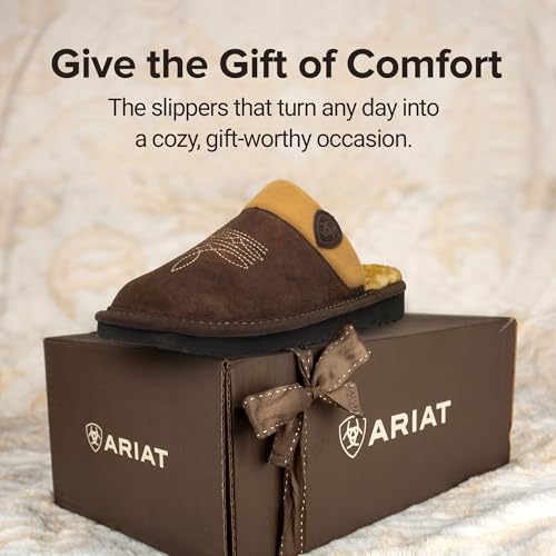 Image of ARIAT Silversmith Men's Suede Slippers, Square Toe Slip-On | Western Boot Look, Indoor Outdoor House Shoe, Faux Shearling Warmth, Cushioned Footbed, EVA Rubber Sole, Closed Back Clog