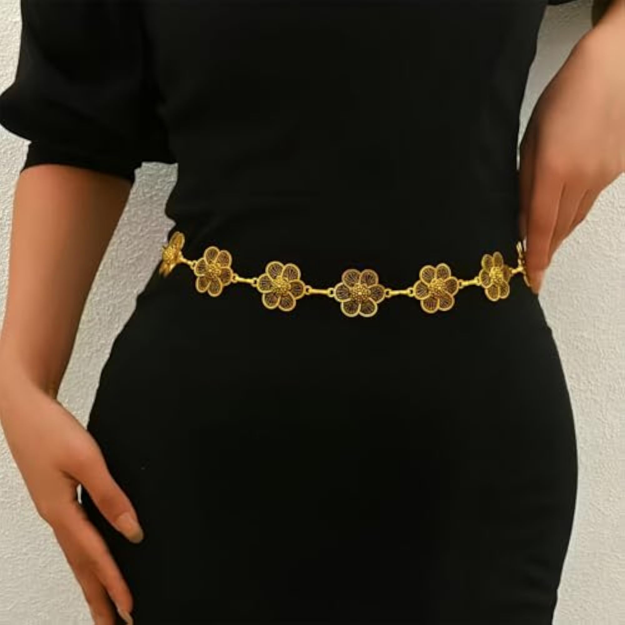 Women's Antique Floral Pattern Adjustable Waist Chain, Gold