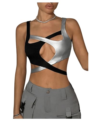 OYOANGLE Women's Color Block Metallic Criss Cross Cut Out Crop Tank Tops