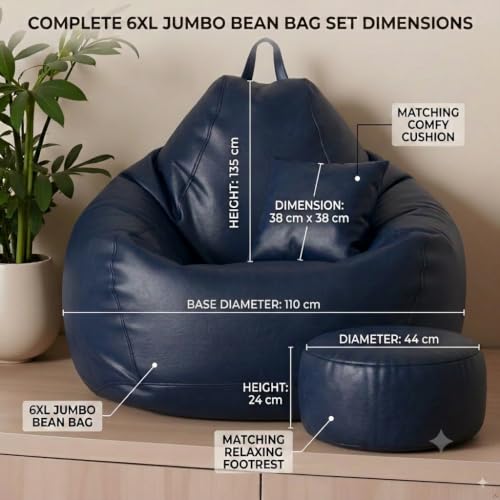 Image of KAM'S LIEU Leatherette Bean Bag Chair with Footrest | Filled with EPS Beans | Comfortable Sofa for Living Room & Bedroom | 4XL Size, Easy to Clean Color- (Navy Blue)