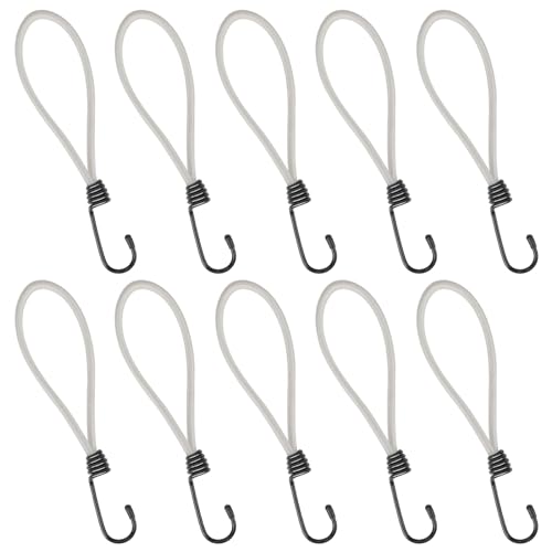 Small Bungee Cord with Hooks Bungee Straps 7 Inch Bungee Cords Heavy Duty Outdoor Black Mini Bungee Cords with Hooks for Camping, Tarps, Tents, Hiking Accessories 10 Pack(White）