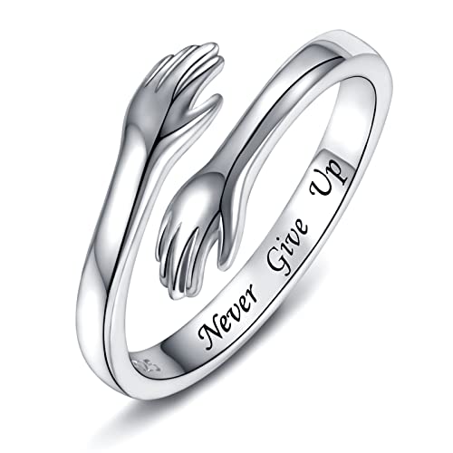 Sterling Silver Hug Ring for Women - Inspirational Hugging Hands Open Ring Graduation Birthday Mothers'Day Jewelry Gifts for Mother Daughter Sisters Nana (Never give up)