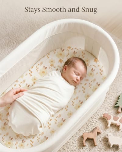 Image of Bassinet Sheets for Baby Girls Boys 2 Pack, Fitted Baby Mattress Sheet for Rectangle, Oval, Hourglass Bassinet Mattress, Breathable Cozy & Universal Fit (Honeybee Dreams, Bassinet Sheet)