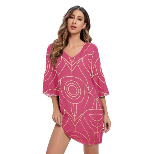Vestido de gasa de fiesta mujer cuello V estampado geométrico Art Deco dorado