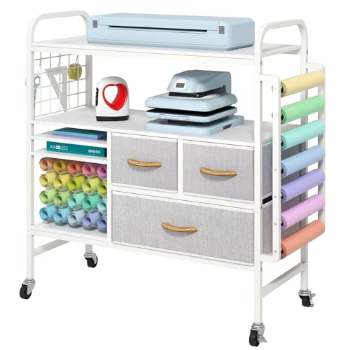 Hadulcet Large Heat Press Table with Storage - Rolling Craft Cart Organizer, Vinyl Roll Holder & Cricut-Compatible Workstation for DIY Sublimation, T-Shirt, Cap, Mug Projects (White)