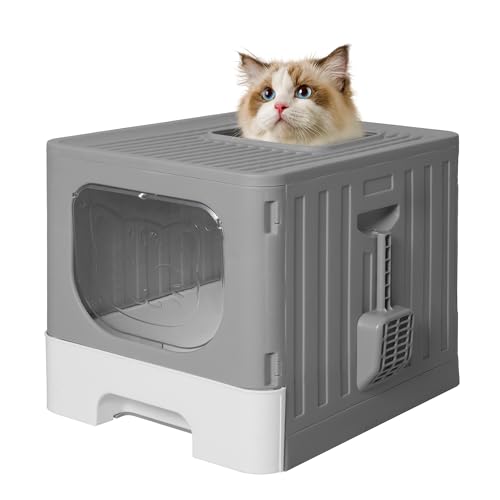 Enclosed Front Entry Cat Litter Box with Lid, Large Anti-Splashing Litter Box with Scoop, Plastic Litter Pan Tray with High Wall Sides, Indoor Drawer Type Cat Toilet, Grey