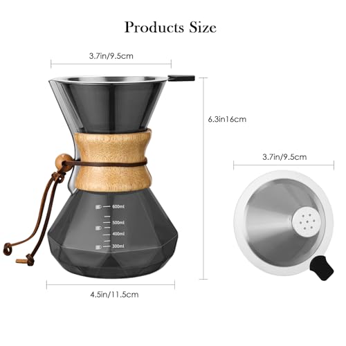 Lalord Pour Over Kaffeebereiter mit Edelstahlfilter, 600 ml Borosilikatglas Kaffeekaraffe, Holzkragen, Kaffeebereiter Karaffe, fasst 3-4 Tassen, 600 ml, Grau