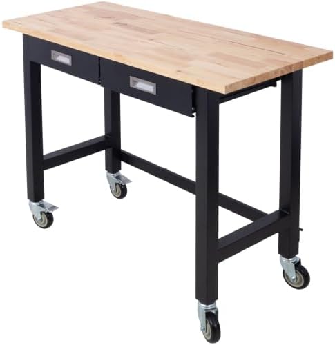 48in Work Bench, Workbench with Drawer Storage, Heavy Duty Bamboo Wood Work Table with Wheels for Garage Home Office (L48in*W20in*H38in)