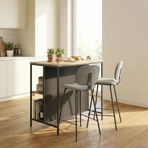 Image of FFO Modern Bedside Table with Drawer & Open Shelf, Wooden Top with Metal Frame, Compact Nightstand for Bedroom, End Table for Living Room