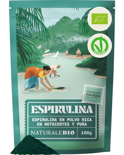 NaturaleBio Alga Espirulina Ecológica En Polvo 100g. Orgánica, Natural y Pura, Cultivada en regiones Tropicales asiáticas. Ideal en Bebidas y Batidos, o Recetas. Apto para Vegetarianos y Veganos.