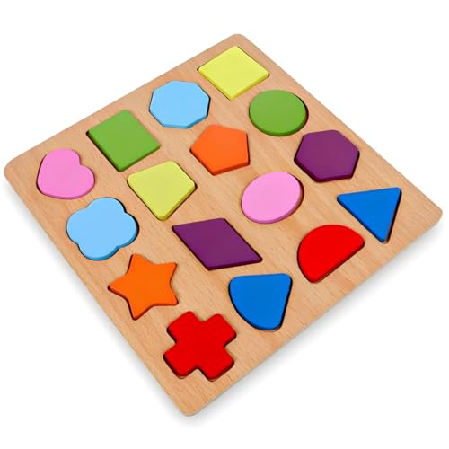 Image of Fun4You Wooden Shapes Puzzle Board for Kids | Montessori Shape Sorter | 16-Piece Learning Jigsaw Puzzle | Early Educational Brain Development Toy for Toddlers (Ages 2+ Years)