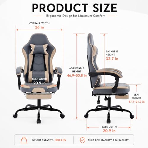 Image of Gaming Desk Chair for Adults, Ergonomic Gaming Chair with Footrest & Headrest and Lumbar Support, Leather Material Height Adjustable Computer Video Game Chairs (Beige+Blue)