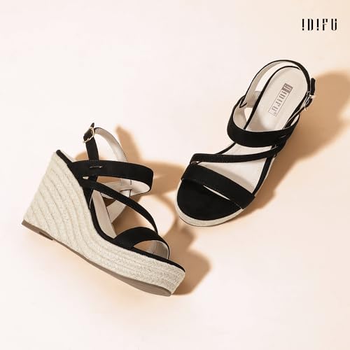 IDIFU Black Espadrille Wedge Sandals for Women Platform Wedges High Heels by IDIFU - Used condition - Image 4
