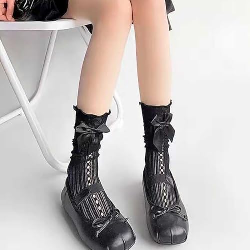 Cute Bow Ankle Socks Lace Ruffle Socks Black White Lolita Sock for Women 2 Pairs2