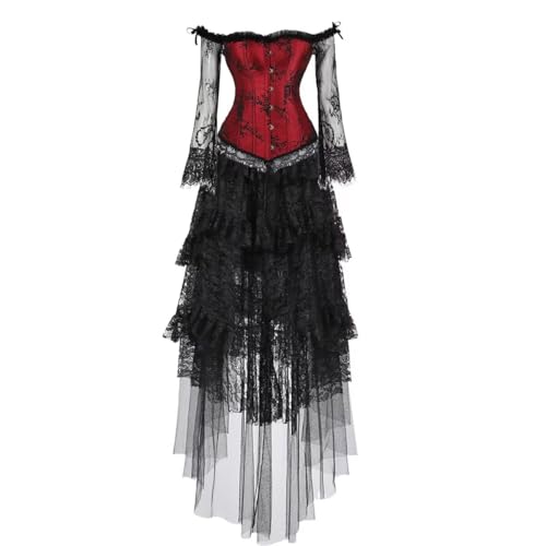 Jutrisujo Korsett Kleid Rock Set Damen Corsage Corset Dress Spitze Ärmel Corsagenkleid Vintage mittelalter Rot Schwarz L