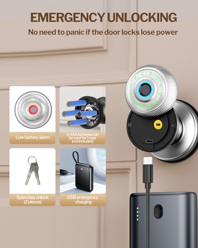 Image of Fingerprint Door Lock - Smart Door Knob with Passcode Keypad, Finger Print Biometric Door Knobs & App Control, Keyless Smart Door Lock for Apartment Bedroom Hotel Office (Silvery)