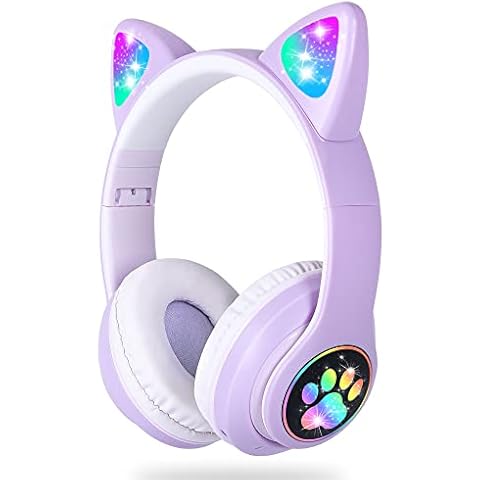 Kids Headphones, LAIBUY Cat Ear LED Light Up Foldable Bluetooth Headphone for Kids,2 in 1 Wired/Wireless Mode HD Stereo Sound for PC/Phone/iPad/Study/Travel (Purple) Cover
