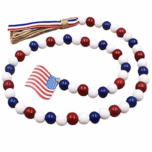 4th of July Wood Bead Garland Decorations with Tassels, 39.4 inch Independence Day Patriotic Hanging Prayer Beads with Red White Blue Decor, Fourth of July Memorial Day Shelf Mantel Tiered Tray Deco
