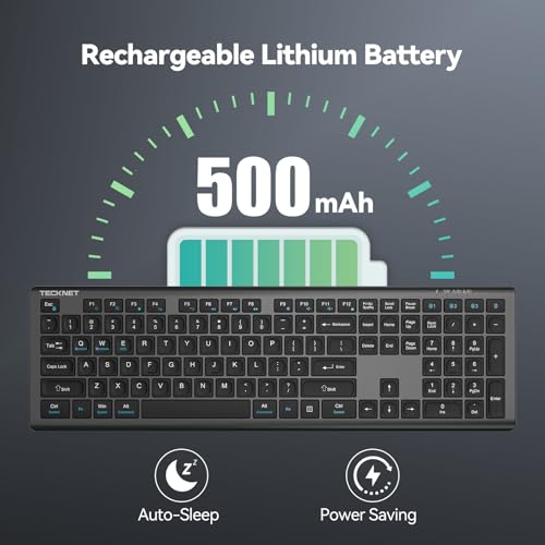 Image of TECKNET Bluetooth Keyboard Rechargeable 4-Device (2.4G+BT) | Multi-device Free Switching, Ultra-Slim, Numeric Keypad, Quiet Full Size Wireless Keyboard for PC /Laptop /Smart TV /Phone