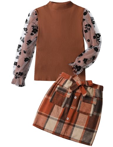 Image of Toddler Girl Clothes Girls Outfits Flare-lace Sleeve Top and Plaid Skirt Dress Fall Winter 2Pcs Girls Clothes 5-12T
