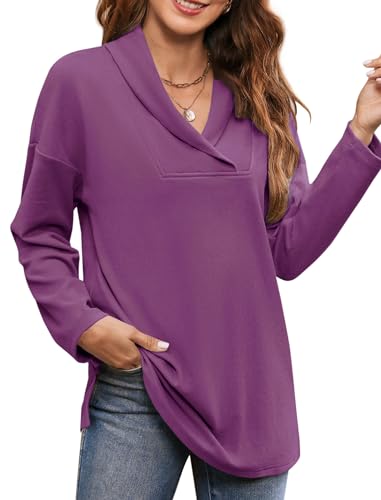 Image of Women's Long Sleeve Tops Fall Shawl Neck Tunic Tops for Leggings Casual Blouse Sweatshirt