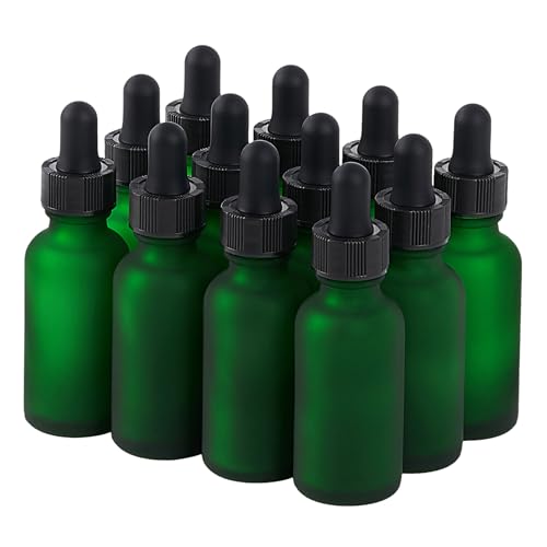 SprayDroplet 12 Pcs, 1oz Glass Dropper Bottle, Leakproof Tincture Bottles with Dropper, Green Reusable Eye Dropper Bottle, Preety Frosted Texture, for All Kinds of Liquids (Green-Frosted, 1oz-12pcs)