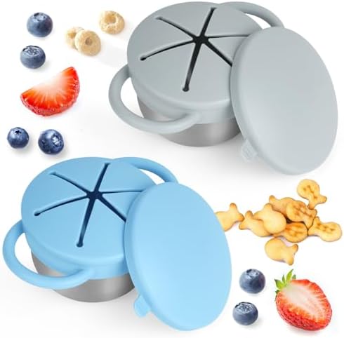 Daximo 2 Pack Snack Cups for Toddlers Spill Proof - Detachable Stainless Steel Toddler Snack Cups with Silicone Lids & Handles - Dishwasher Safe Snack Container (Matte Blue and Matte Green)