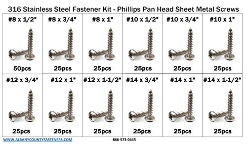 316 Stainless Steel Phillips Pan Head Sheet Metal Screw Assortment Kit Sizes #8 Through #14-326 Pieces