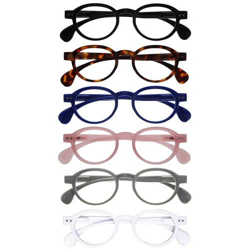 OPULIZE OCA Gafas de Lectura - Pack de 6 - Montura Moderna Retro Redonda - Negro, Marrón, Azul, Rosa, Gris, Blanco - Hombre Mujer - RRRRRR54-12347W - +2.50