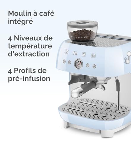 Smeg, Machine à Café Expresso Manuelle EGF03PBEU, avec Broyeur à Grain Intégré, Thermoblock, 4 Niveaux de Température, Buse Vapeur et Manomètre, Réservoir 1 L, Dimensions Compactes, 1350W, Bleu Clair