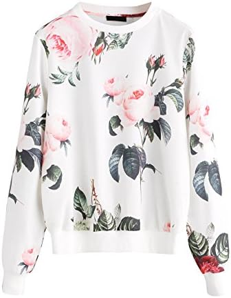 Romwe Women's Casual Floral Print Long Sleeve Pullover Tops White L