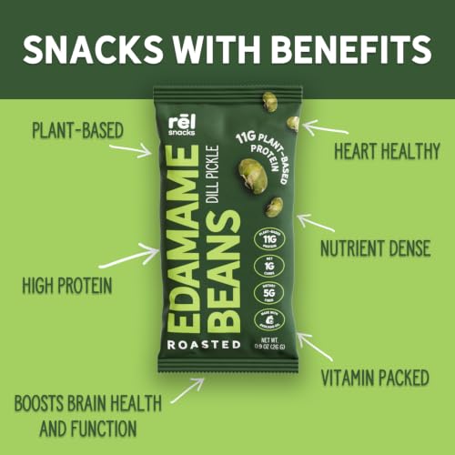 Image of Rel Snacks Dill Pickle Roasted Edamame Beans, High Protein Low Carb Snack, 11g Plant Protein, 1g Net Carbs, Keto, Vegan, Non-GMO, Made with Avocado Oil, 10 Single Serve 0.9 oz Packs