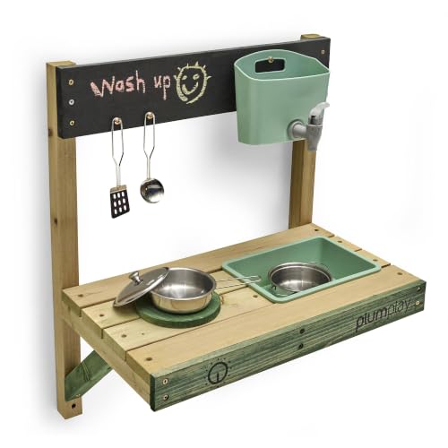 Image of Plum Play Splash and Mash Discovery Mud Kitchen with Water Tap and Sink- Cooking Utensils - Hob and Pan - Outdoor Garden Roleplay Kitchen to attach to Playhouses, Fences or Walls (Standard)