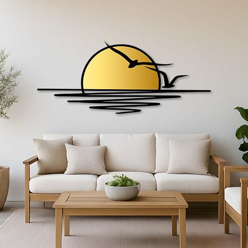 Golden Sunset Metal Wall Art Decor with Flying Birds, Extra Large Sunrise and Seagulls Wall Decor for Patio, Living Room or Bedroom, Modern Black and Gold Metal Wall Sculpture, Home Decor Gift