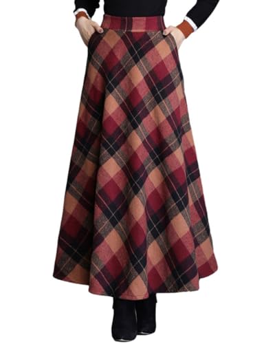 Women's Plaid Skirt Warm Elastic Waist Wool A-Line Pleated Tartan Winter Long Skirts