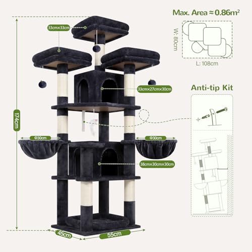 Image of Globlazer Big XL Cat Tower for Indoor Multiple Cats, F68B, Dark Grey | 68 inch Cat Tower for Adult Cats Cat Tree with Scratching Post, 3 Perches, 2 Condos, 2 Basket, Removable Pet Bed