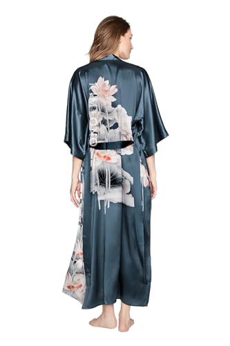 100% Mulberry Washable Silk Kimono Robe Long - Luxury Kimono Robe for Women - Floral Print - Lotus - Nightshadow - Original Design4