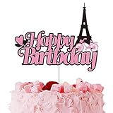 Paris Happy Birthday Cake Topper Pink Glitter Eiffel Tower Ooh La La Bicycle Cake Decoration Paris T